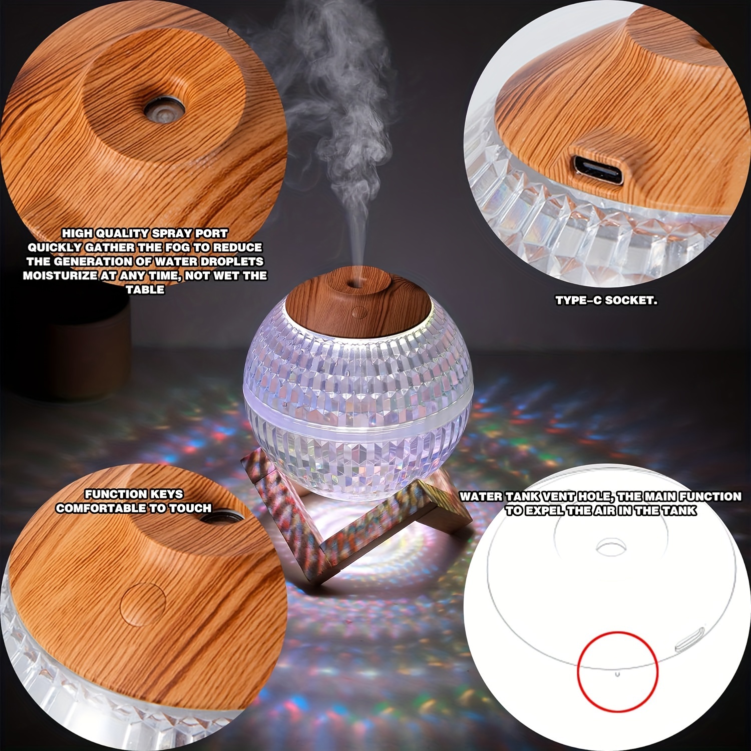 usb powered crystal ball humidifier with wood grain detail ultrasonic cool mist aromatherapy diffuser with visible water level for bedroom use essential oil compatible compact and portable design details 0