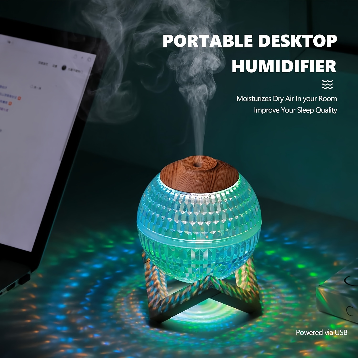 usb powered crystal ball humidifier with wood grain detail ultrasonic cool mist aromatherapy diffuser with visible water level for bedroom use essential oil compatible compact and portable design details 7