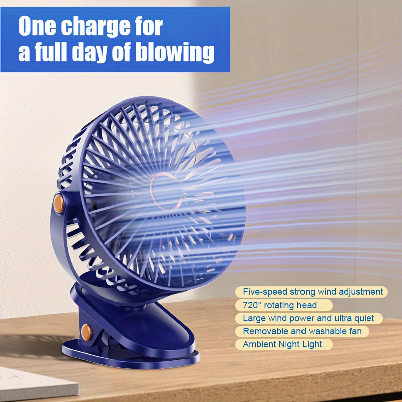 usb rechargeable table fan with night light 5 speed 720 rotatable on fan with removable and washable blades portable desk fan for home office car and outdoor use details 1