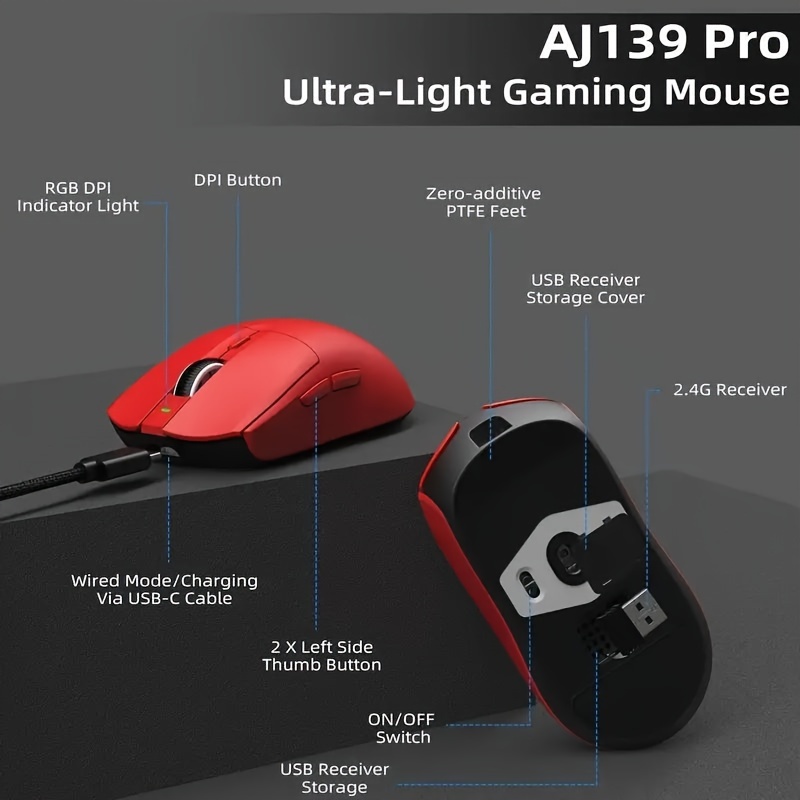 aj139   gaming mouse ultra lightweight 59g with dual mode type c wired 2 4ghz usb receiver up to 26000dpi 6 programmable button ergonomic   for ps4   details 5