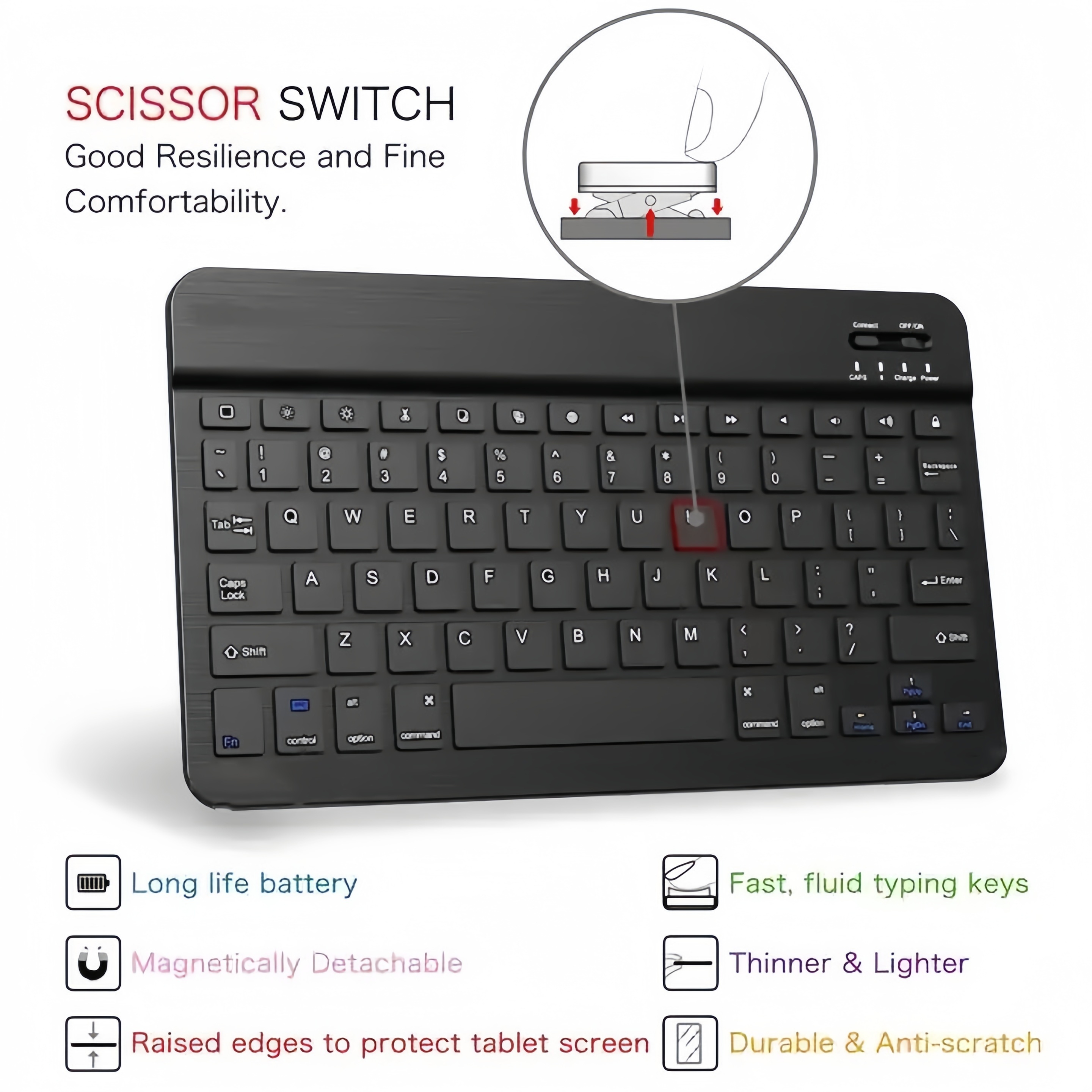 wireless keyboard mini keyboard for ipad iphone mobile phone tablet laptop 4 colors available slim and mute multi device support three systems for android ios windows system devices stylish portable and convenient universal multi device mini wireless keyboard rechargeable keyboard universal keyboard details 7