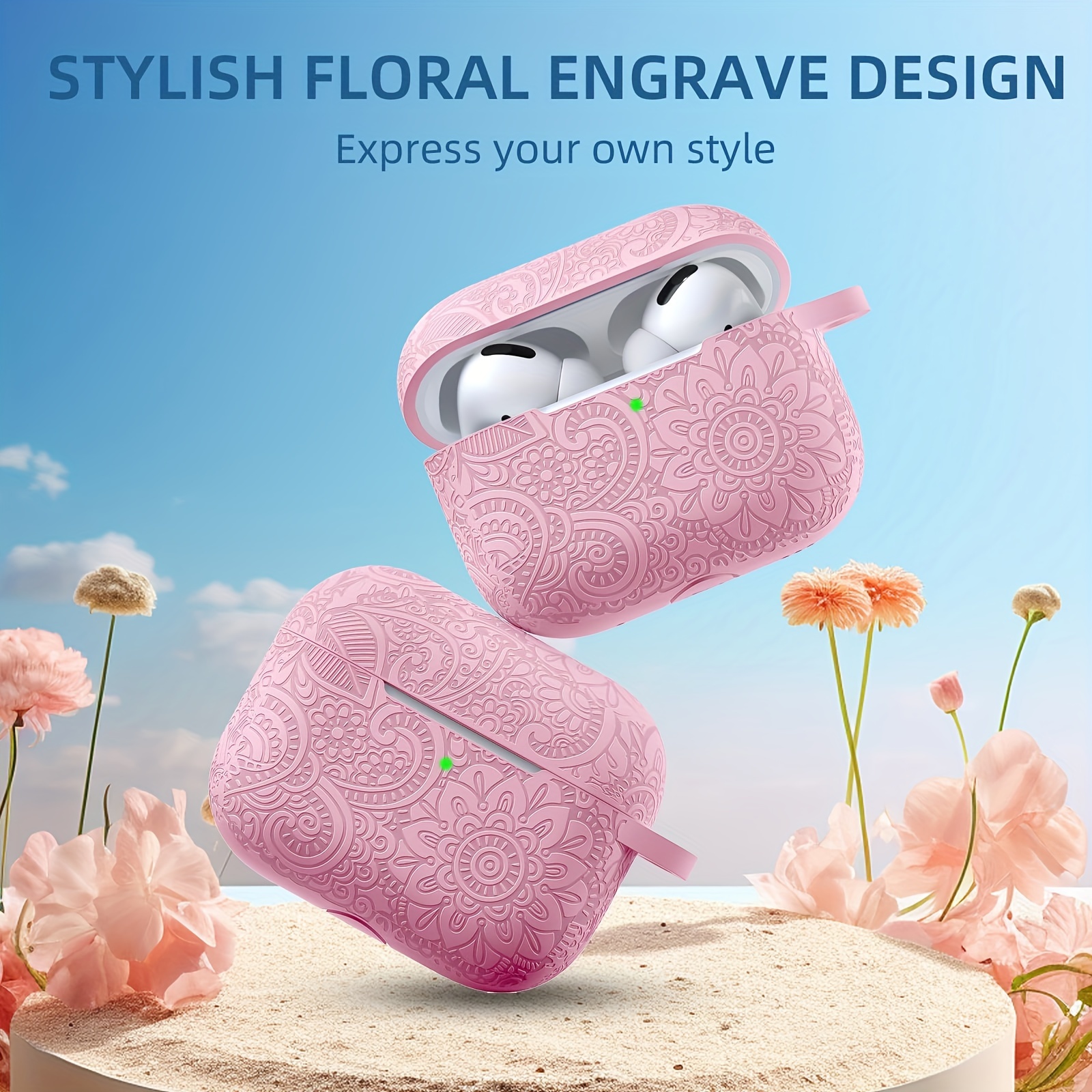 for   pro 2nd generation case cover airpod pro case cover boho flower engraved silicone compatible for     pro case cute airpod pro 2 case full protective front led visible details 4