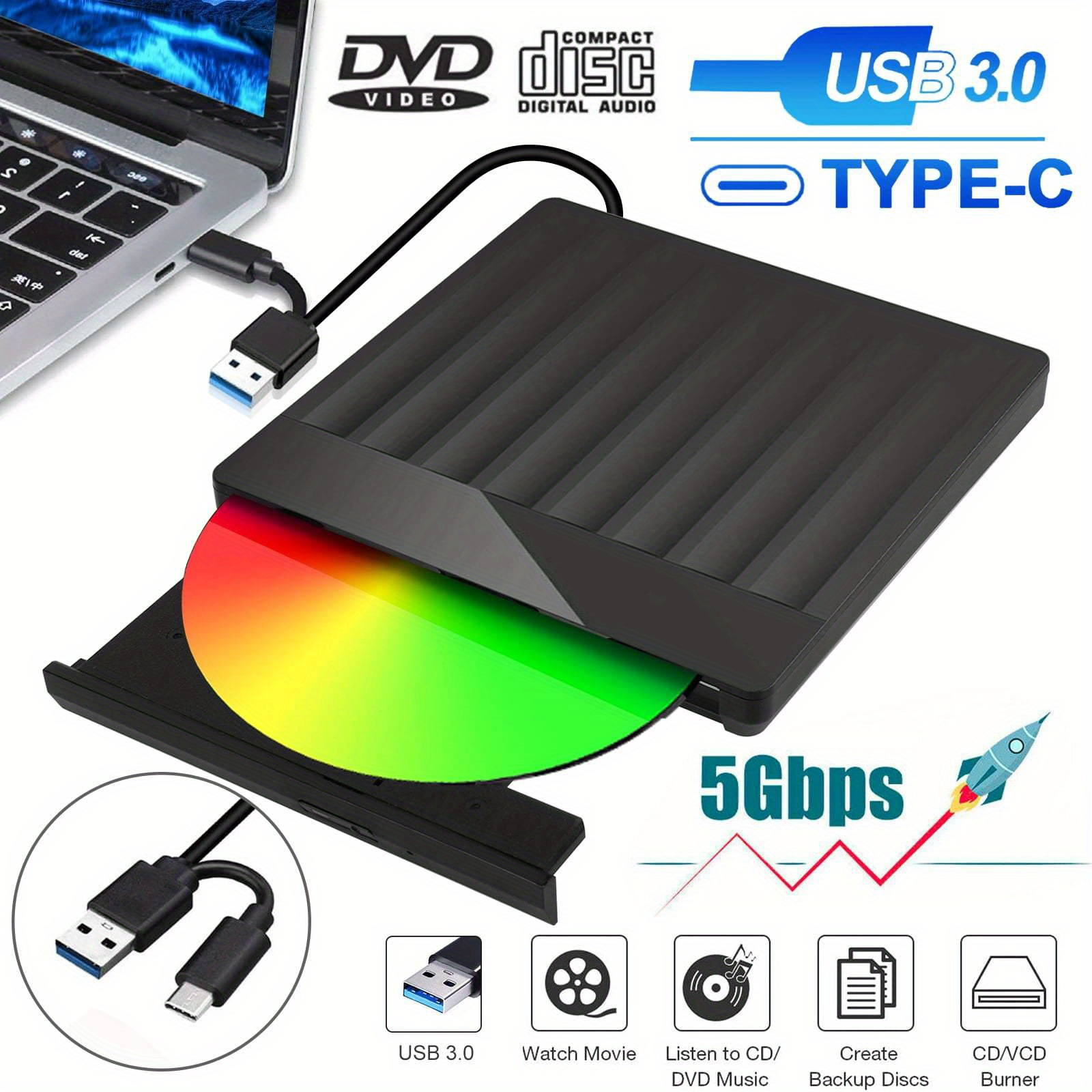 usb 3 0 type c portable external cd dvd drive burner high speed data transfer plug and play universal compatibility read write cd dvd rw optical drive player card reader compact and lightweight design for laptops and desktops details 0