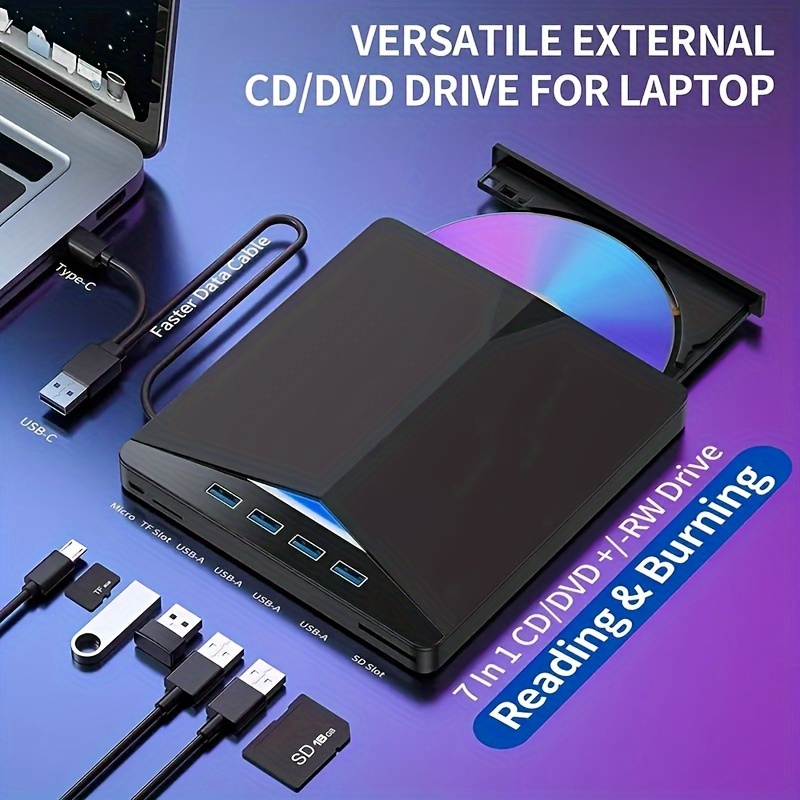 7 in 1 laptop external cd dvd drive usb 3 0 type c external cd dvd rw optical drive dvd burner reader player super optical drive for pc laptop multi function extender card reader details 1