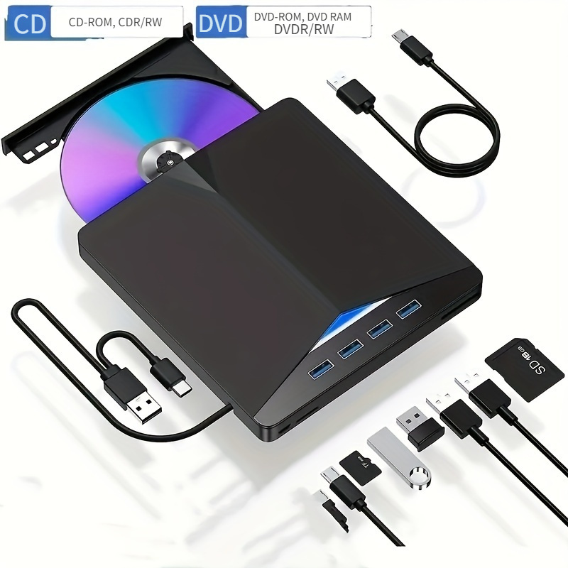 7 in 1 usb 3 0 type c portable external cd dvd drive high speed data transfer compatible with pc   windows 11 10 8 7 linux slim dvd burner for laptop desktop details 0