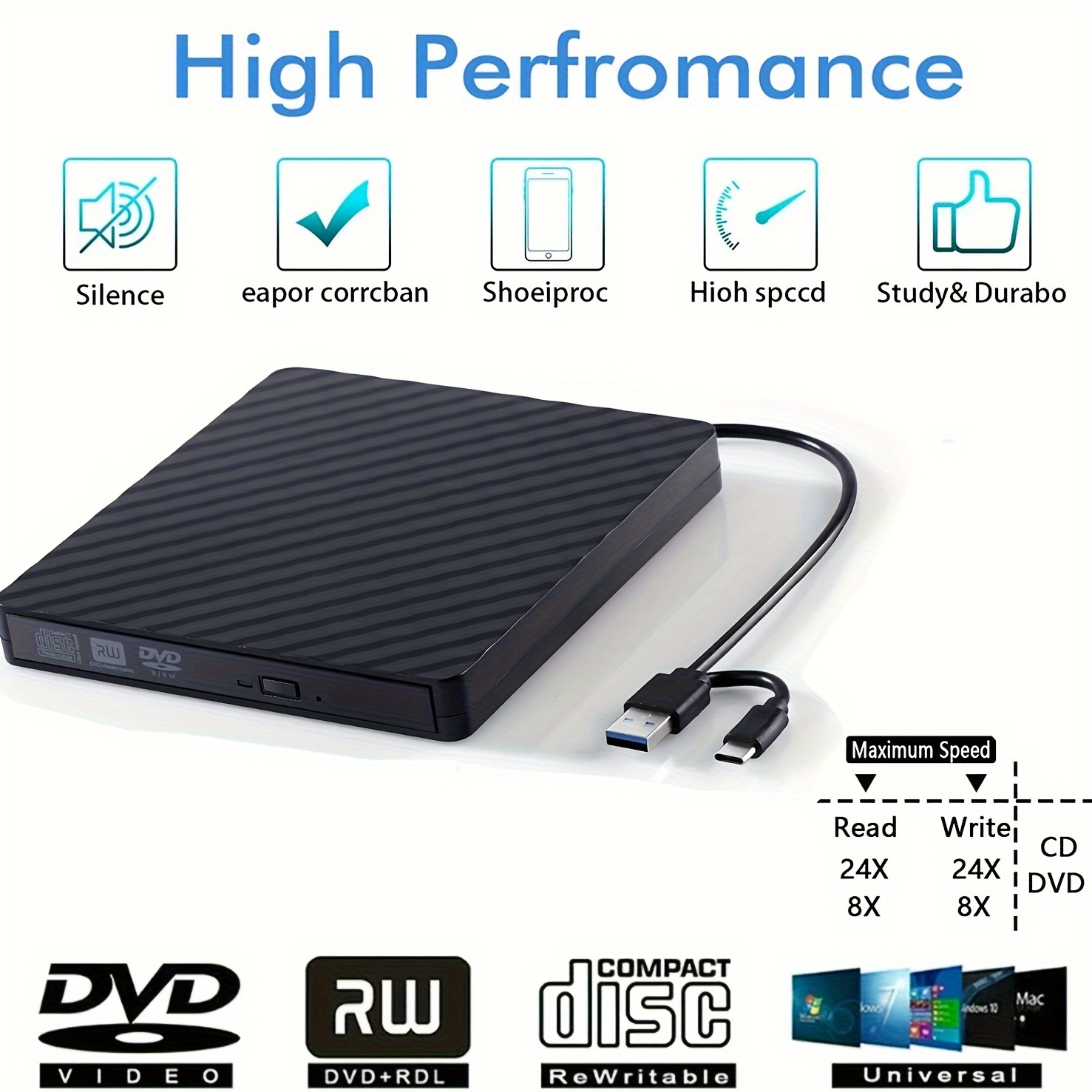 usb 3 0 usb c external cd dvd rw drive high speed data transfer plug play optical disk drive with burning rewriting capability for laptops desktops windows 11 10 8 7 surface   pro air details 5